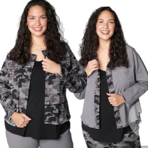 DG2 By Diane Gilman Reversible Denim Jacket grey camo